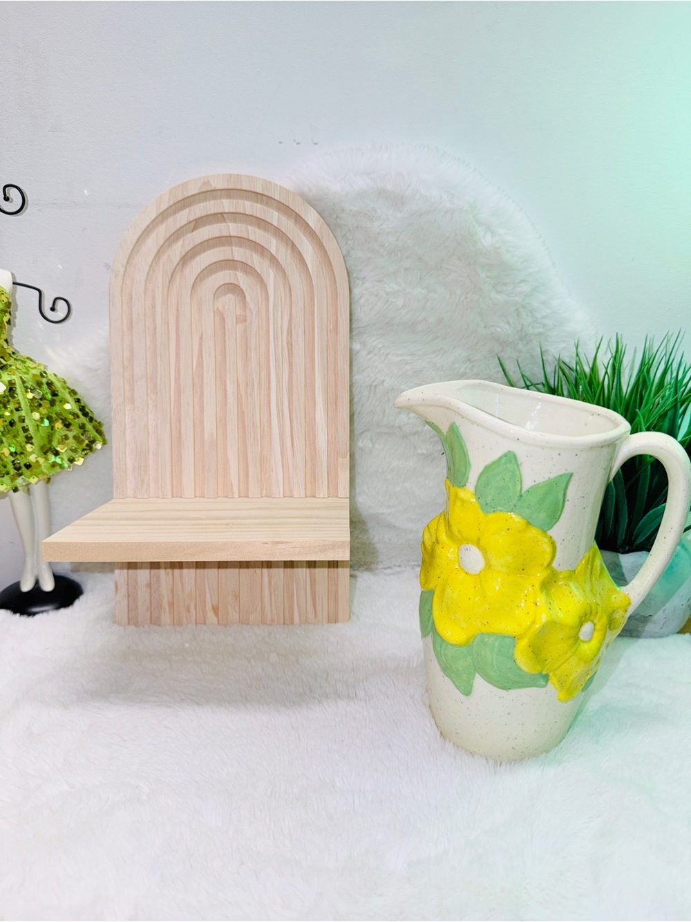 Natural Wood Arch Wall Shelf - Unbranded Light Wood Plus Ceramic Pitcher 🌼